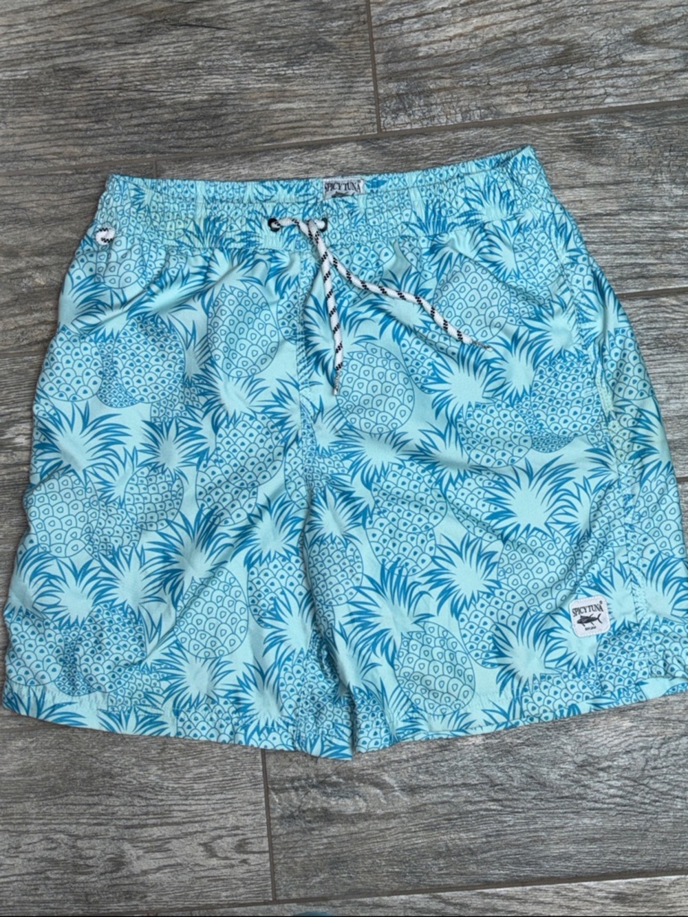 Light Blue Pineapple Print Swim Trunks